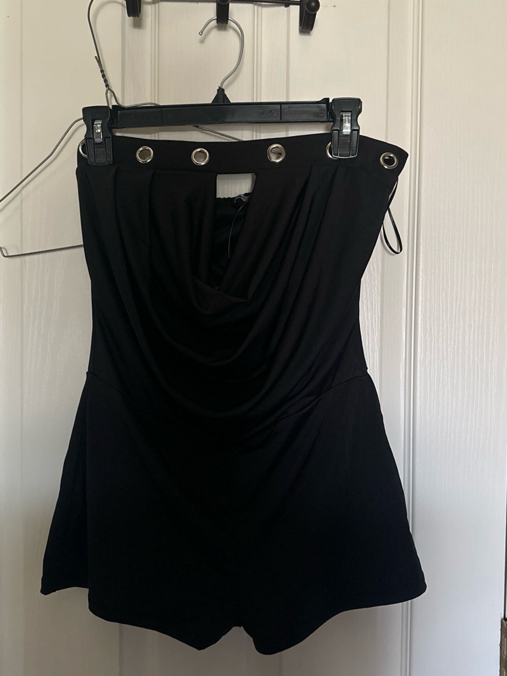 Fashion Nova Black Strapless Romper with Grommet Detail